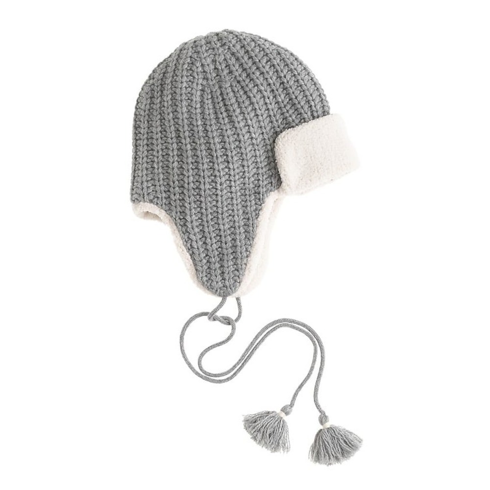 J‎ Crew Trapper Hat Gray Knit Fleece Lined Ear Flaps Tassels One Size